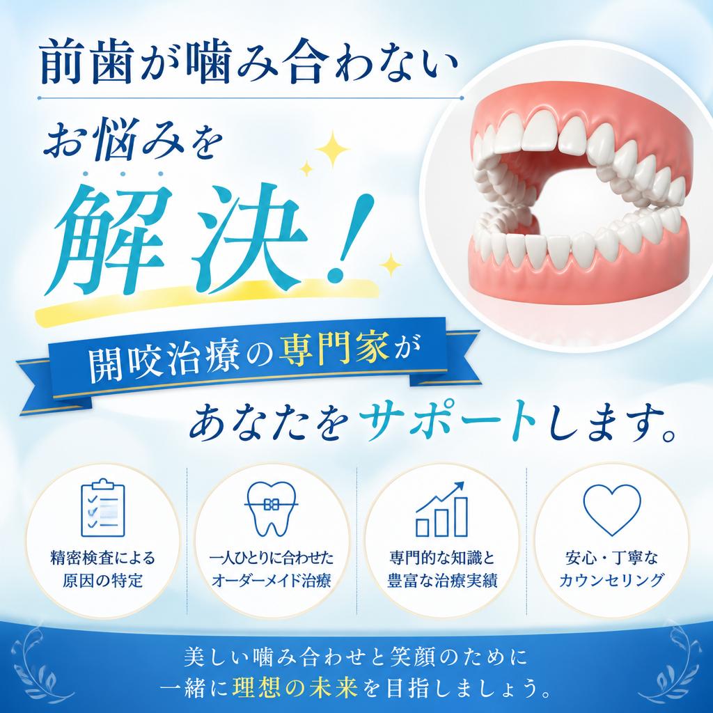 前歯が噛み合わないお悩みを解決！ 開咬治療の専門家があなたをサポートします。