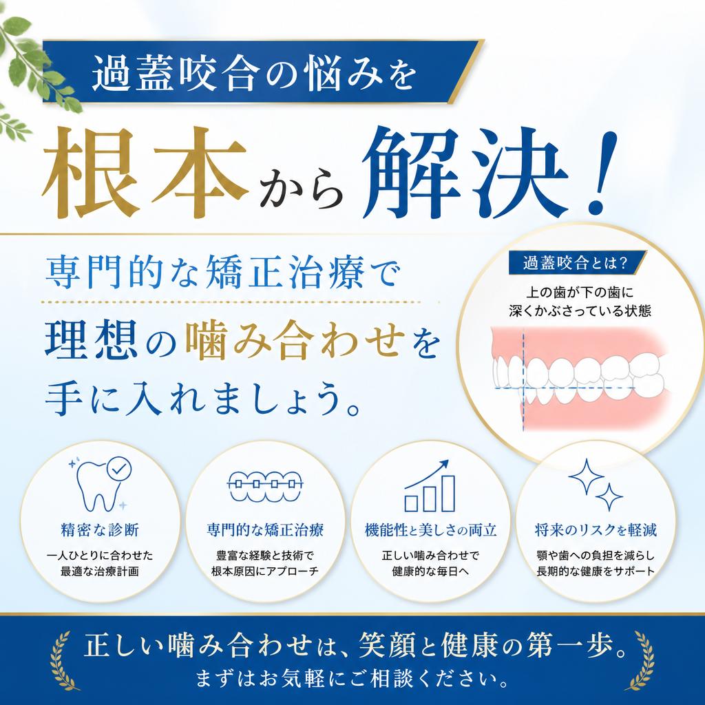 過蓋咬合の悩みを根本から解決！専門的な矯正治療で理想の噛み合わせを手に入れましょう。