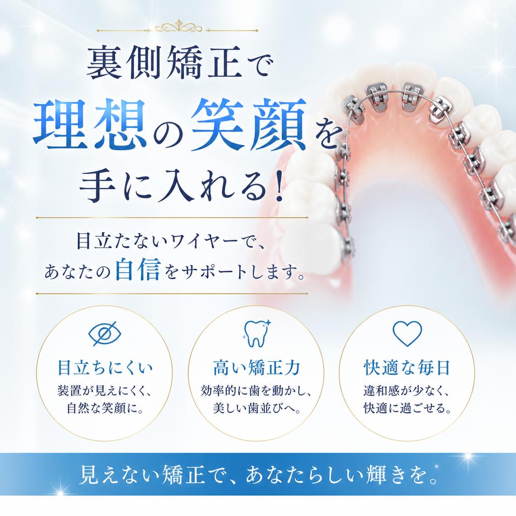 裏側矯正で理想の笑顔を手に入れる！目立たないワイヤーで、あなたの自信をサポートします。
