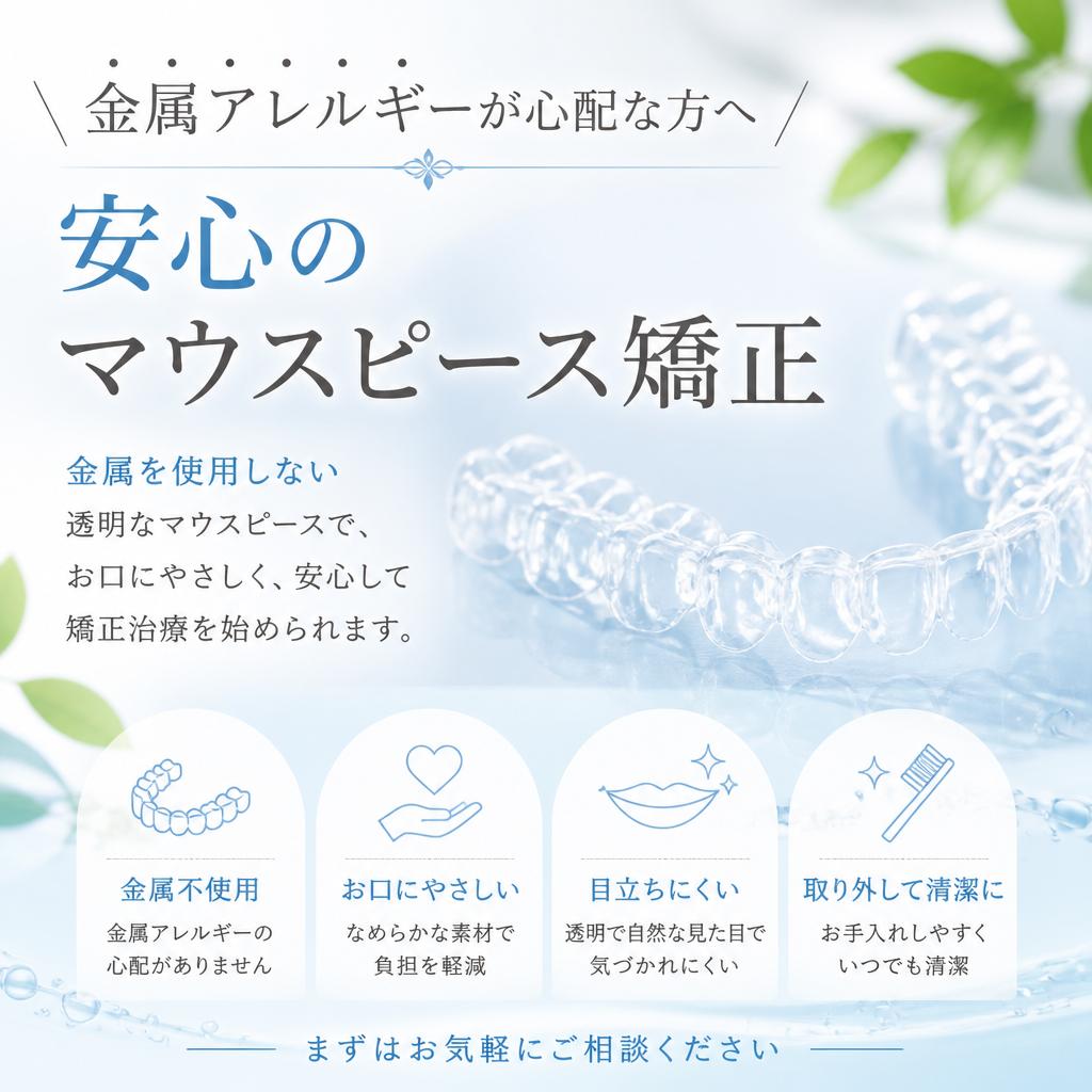 金属アレルギーが心配な方へ｜安心のマウスピース矯正