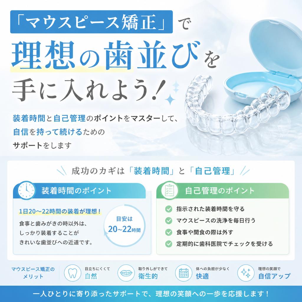 「マウスピース矯正」で理想の歯並びを手に入れよう！装着時間と自己管理のポイントをマスターして、自信を持って続けるためのサポートをします