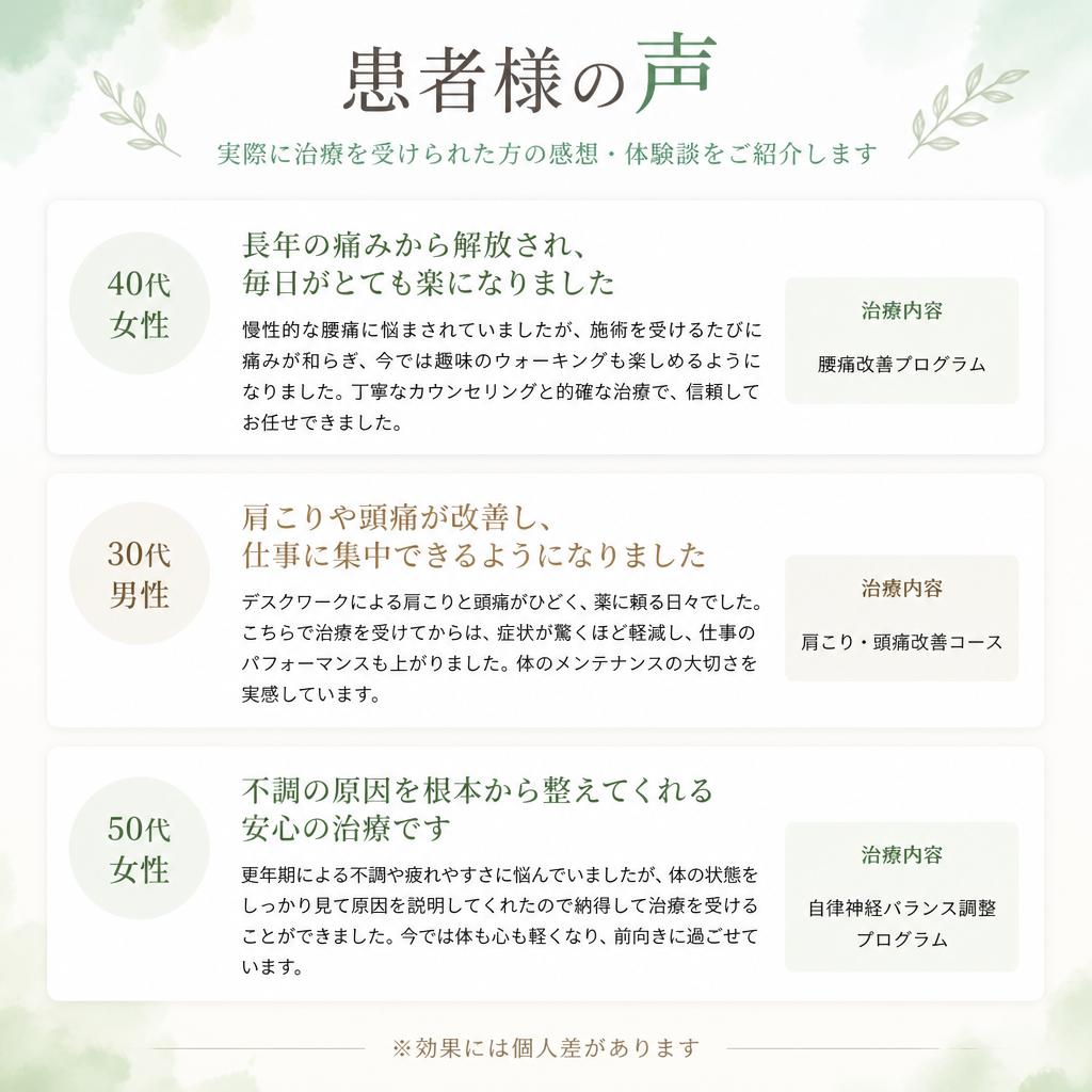 患者様の声：不安から自信へ！感謝の声をお届け